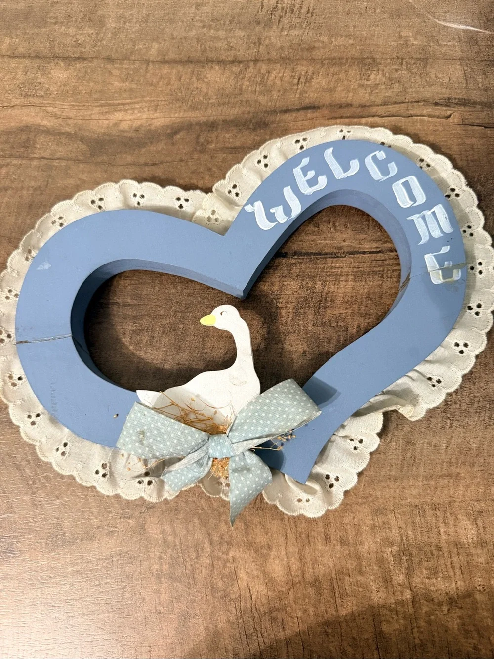 Blue Heart Welcome Goose Door Hanger Lace Bow Cottage Decor
